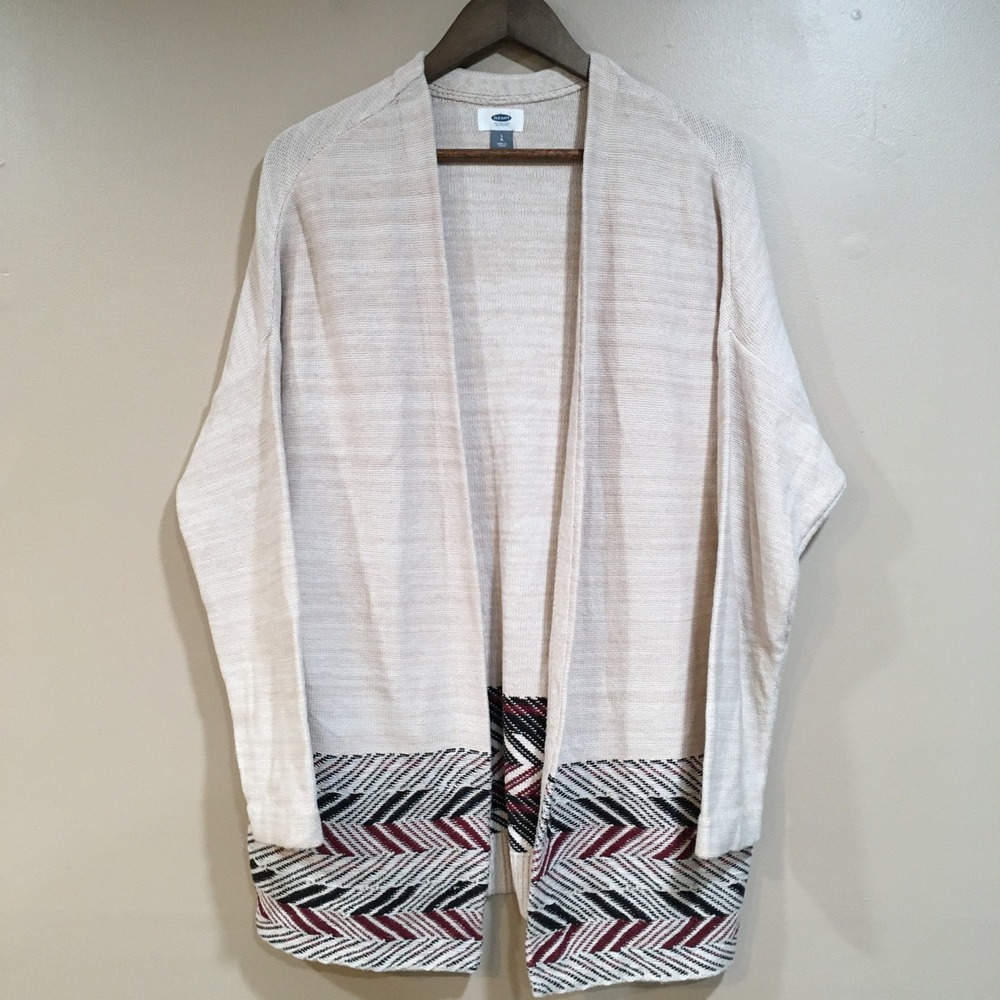 Old Navy Southwestern Open Front Long‎ Cardigan Womens L Cream Aztec Boho Duster